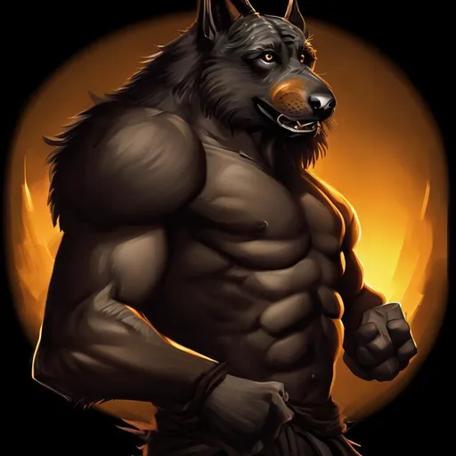 Prompt: Anthropomorphic, dog man, anubis, black fur, muscular, bare chest, flexing, martial artist, kung fu, monk, painting style, portrait, background outdoors, square background