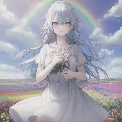 Prompt: pastel rainbow haired girl with beautiful eyes
light rainbow and white dress
in a flower field
