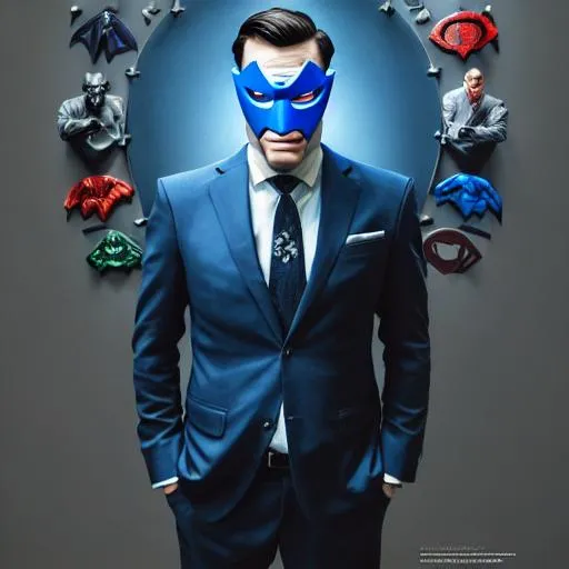 Prompt: Portrait of man wearing a suit and tie and superhero mask and with strong face, blue, perfect composition, hyperrealistic, super detailed, 8k, high quality, trending art, trending on artstation, sharp focus, studio photo, intricate details, highly detailed, by greg rutkowski