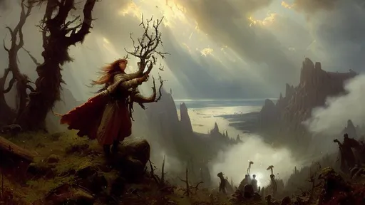 Prompt: Andreas Achenbach, portrait, a barbaric priestess makes a sacrifice on a cliff crowned with a blasted tree