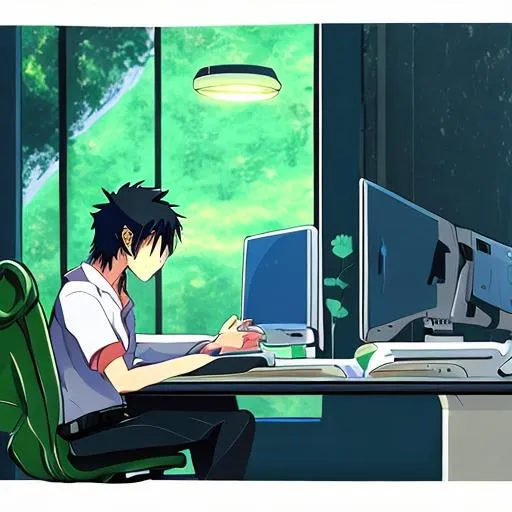 Prompt: A anime of a guy sitting on his office chair fronting his computer on his room with view of sunset in the afternoon. realistic , sharp detailed, detailed, macbook pro, wearing green tshirt, room full of sunlight