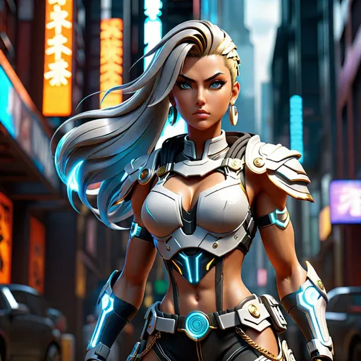 Prompt: 4k UHD anime illustration of a powerful Goddess Athena, unreal engine 5, hip hop punk style, perfect autonomy body shape, muscular yet slim, detailed muscular structure, intense and authoritative gaze, futuristic urban setting, cool and edgy atmosphere, detailed armor with cybernetic enhancements, glowing holographic elements, highres, ultra-detailed, anime, hip hop punk, futuristic, detailed muscles, urban setting, cybernetic armor, powerful stance, professional, dynamic lighting