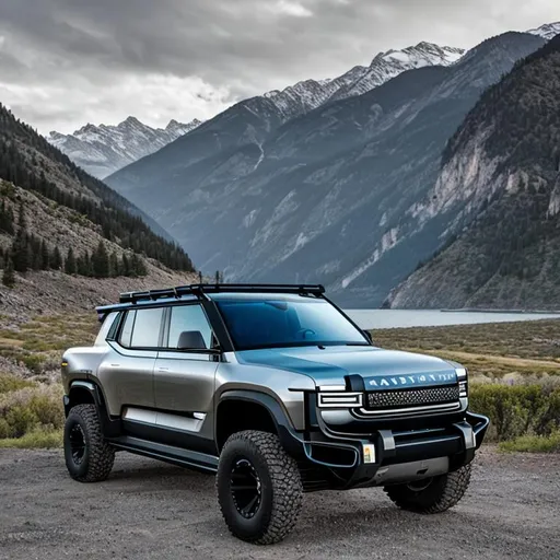 Prompt: Futuristic camping cyber truck bulletproof matte black track tires SUV tow hitch rivian Tesla hydrogen powered AI-driven hunting vehicle bucket seats four door brown leather interior Eddie Bauer black rims flood lights law enforcement hummer number Range Rover luxury sport wilderness concept edition 