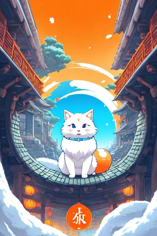 Prompt: illustration photographic front view,  Japanese letters floating in the air,
 
masterpiece intricate hyperdetailed best quality flat color pastel mix pencil sketch 2D 1 anime cute round fluffy furry ball deagon cheerful, hyperdetailed white fur, detailed round blue eyes, orange stripestanding in ancient dungeon,

scenic view landscape 2D flat color gigantic dungeon vector background, action shot, extreme long shot wide view, full frame wide angle,

sunshine, blue sky, cinematic lighting,

precise hard pencil strokes, thick and hard pencil outline,

hyperdetailed 2D vector concept art picture, vector, illustration, character concept,

2D fantasy concept art style, inspired by final fantasy art, adventure, inspiring, colorful, heroic fantasy art,

centered,