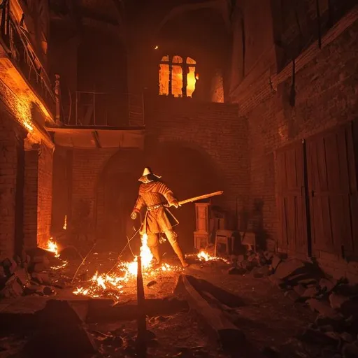 Prompt: at night in a medieval broken down building, there is a fire sorcerer 