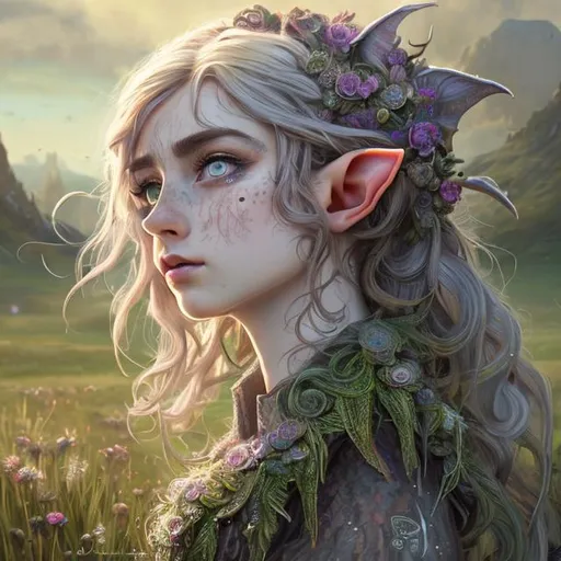 Prompt: half body portrait, female , elf, detailed face, detailed vibrant eyes, full eyelashes, ultra detailed accessories, detailed grassy field background, farming apron and dress, curly messy hair, bangs, dnd, artwork, fantasy,inspired by D&D, concept art, ((looking away from viewer))