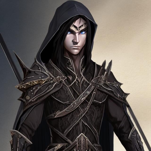 a black cloaked male elven assassin with long brown... | OpenArt