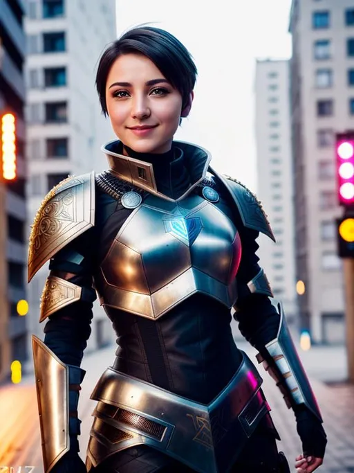 Prompt: photograph, ukraine, 16k, attractive, elegant, confident, optimistic, brunette, smiling, beautiful, short haired cyberpunk warrior heroine, perfect look, highly detailed armor, fine skin details, sharp focus, intricate details, highly detailed