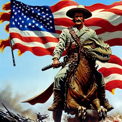 Prompt: Wyatt Earp riding a single headed velociraptor (dinosaurs) wielding a katana in each hand leading United States Marines into iwo jima ww2 with the united states of america flag in the background