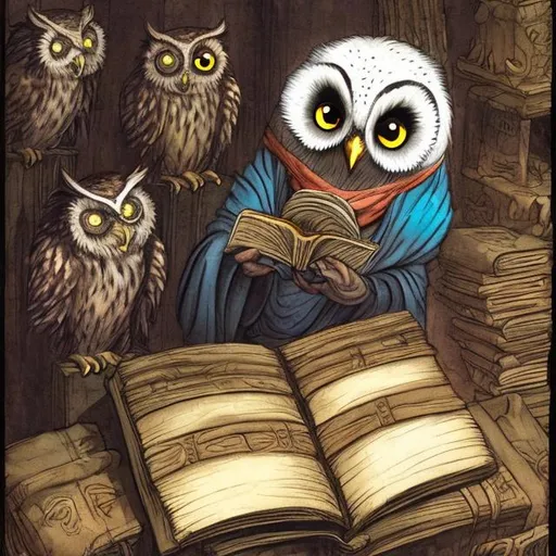 Prompt: Owl narrator telling the story from a tome.
