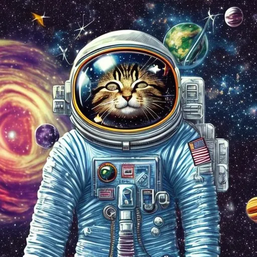 Prompt: The astronaut cat is floating in space, surrounded by stars and planets. He has a big smile on his face and is holding a marijuana pipe. He is wearing a blue and white space suit, and has a red helmet on his head. The background of the image is a black sky with bright stars.

The image is colorful and cheerful, and is sure to make you smile. It is a great way to show your love for marijuana and space. It is also a great way to express your creativity and sense of humor.

Here are some additional details that you can add to the image:

The astronaut cat can be holding a flag with the marijuana symbol on it.
The astronaut cat can be surrounded by aliens.
The astronaut cat can be flying in a spaceship.
The astronaut cat can be landing on the moon.
