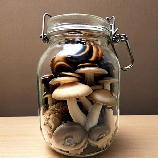 Prompt: Mushrooms in a jar