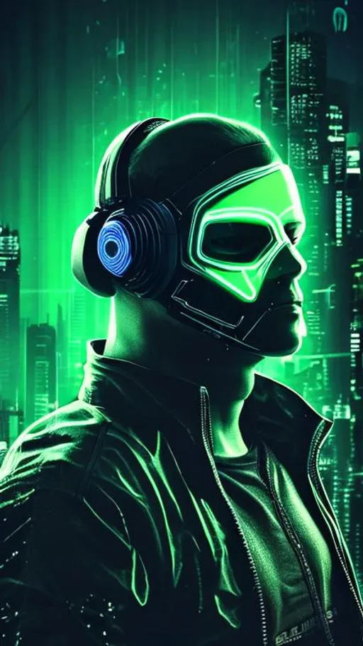 Prompt: man, cs and cyberpunk style, green neon lights and mask, dark