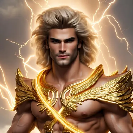Prompt: hypermasculine  young handsome guy with white lightning hair, golden angel wings, and eyes of fire. Wearing a golden sash, hairy chest, very muscular, very detailed eyes large musculature, and holding golden lightning bolt. In clear and best quality, ((8k)), very detail photo, sharp focus