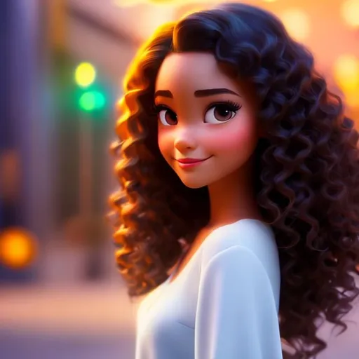 Prompt: Disney, Pixar art style, CGI, girl with  light  skin, dark eyes, long black curly hair, very pretty, solemn expression, her hair line is centered and she looks directly at us