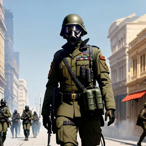 Prompt: Several mordern soldiers with gas mask black, marching down the street, masterpiece painting with detailed face, full body 4k, trending on artstation, octane render, art by artgerm and greg rutkowski and alphonse mucha and craig mullins and James Jean and Andrei Riabovitchev and Marc Simonetti and peter mohrbacher

