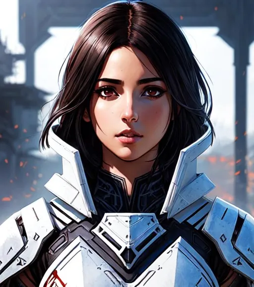 Prompt: Manga cover art. Naomi Scott with brown hair, wearing white Dark knight artifact armor from FFXIV, intricate cyberpunk tribal village, realistic face, emotional lighting, cover logo "Azmaat" , character illustration by Ilya Kuvshinov, chainsaw man, fire punch 