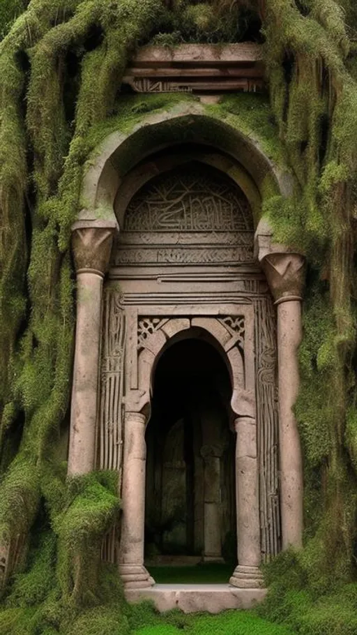 Prompt: ancient mosque sculpted in ancient Greek architecture filled with moss, vines, roots. 