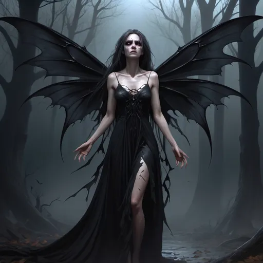 Prompt: Full body, Fantasy illustration of banshee, beautiful, wearing threadbare black dress, moth wings, grieving expression, high quality, rpg-fantasy, dark and eerie lighting, detailed character design, atmospheric, spooky ambiance