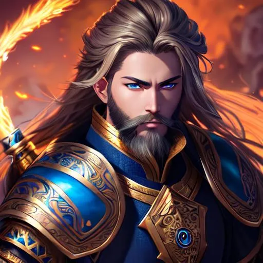 Prompt: "Full body, oil painting, fantasy, portrait of a young elemental human man with short dirty blonde hair and trimmed dirty blonde beard and glowing blue eyes | Warrior wearing east asian armor wielding a large poleaxe with both hands , #3238, UHD, hd , 8k eyes, detailed face, big anime dreamy eyes, 8k eyes, intricate details, insanely detailed, masterpiece, cinematic lighting, 8k, complementary colors, golden ratio, octane render, volumetric lighting, unreal 5, artwork, concept art, cover, top model, light on hair colorful glamourous hyperdetailed medieval city background, intricate hyperdetailed breathtaking colorful glamorous scenic view landscape, ultra-fine details, hyper-focused, deep colors, dramatic lighting, ambient lighting god rays, flowers, garden | by sakimi chan, artgerm, wlop, pixiv, tumblr, instagram, deviantart