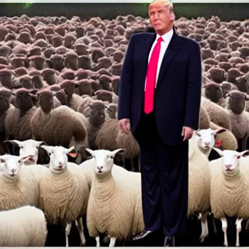 Prompt: Create an image of Donald Trump standing on a stage with his back turned to the viewer, addressing a large crowd of sheep. Trump should be depicted in a suit and tie with his signature hairstyle visible from the back. The sheep should be standing in the foreground of the image, facing towards the stage, with different breeds and colors to create a diverse crowd. Pay close attention to the details of the sheep's wool, eyes, and facial expressions to ensure a believable and accurate depiction. The background should be simple, with a sky or a plain color to emphasize the focus on Trump and the sheep. Make sure the image is high quality, detailed, and realistic, so that it appears as if the scene could really exist. Ensure that the perspective of the image places the viewer at a slight distance behind the crowd and looking towards the stage to create a sense of being present at the event.