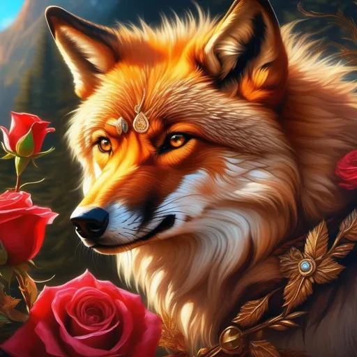 Prompt: Masterpiece, best quality, fine oil painting, fantasy art, insanely beautiful portrait of a brawny rugged fox-wolf hybrid, UHD, HDR , 8k eyes, detailed face, big anime intense eyes, Game of Thrones, wearing (gold leaf wreath), thick rose-gold fur, intricate details, insanely detailed, masterpiece, cinematic lighting, hyper realistic, hyper realistic fur, 8k, complementary colors, insanely beautiful and detailed mountain peak castle, golden ratio, high octane render, volumetric lighting, glaring, growling, wise, depth, highly detailed intense shading, unreal engine 5, concept art, artstation, top model, sunlight on hair, sparkling gold jewels on crest, gold leaf canvas, intricate hyper detailed breathtaking colorful glamorous scenic view landscape, ultra-fine details, hyper-focused, deep colors, intense colors, dramatic lighting, ambient lighting, by Sakimi Chan, artgerm, wlop, pixiv, tumblr, instagram, deviantart, intricately detailed, intricate facial detail, high resolution