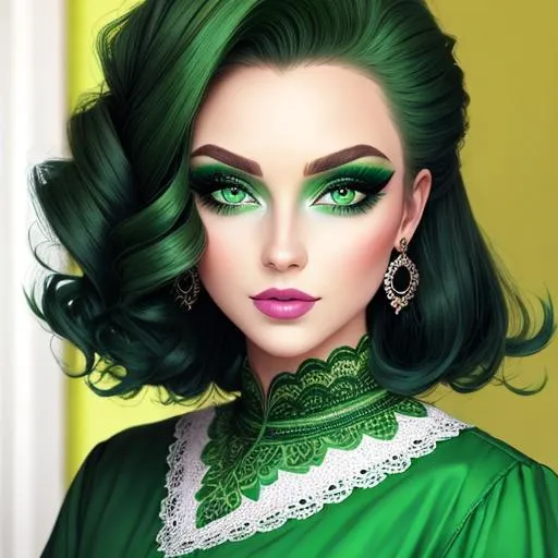 Prompt: A woman all in green, green eyes, pretty makeup