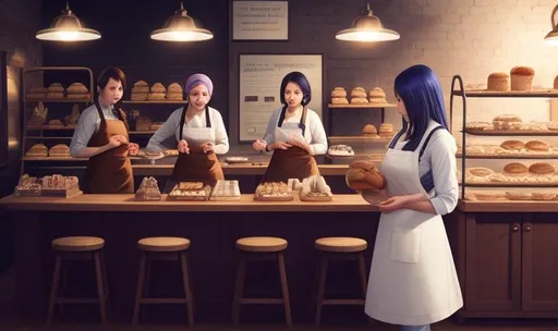 Prompt: busy time a eldritch horror bakery, baking, 2 girls, apron, mole under eye, mole on body, indoors, ((full body)) {{good looking}} {{cute}} {{good body}} {{tight}}, symmetrically colored hair, {{shadows}},
