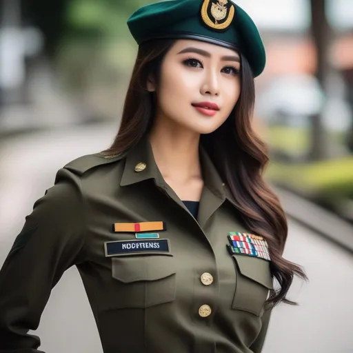 Prompt: pretty busty Indonesian woman, 25 year old, (round face, high cheekbones, almond-shaped brown eyes, epicanthic fold, small delicate nose), in military unifrom, posing for a picture, action pose,  elegant, hd, stylish, masterpeice, intricate detail
