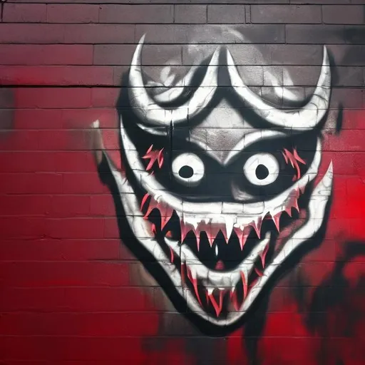 Prompt: A very simple outline of an evil monster demon face  spray painted on a metal warehouse wall, with teeth and red eyes and horns and paint running down the wall