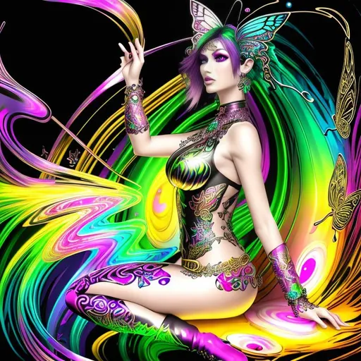 Prompt: beautiful freeform colorful chaos epic bold, 3D, HD, {one}({liquid metal {Celtic}butterfly} with {purple gold pink green red silver blood}ink), expansive psychedelic background --s99500 