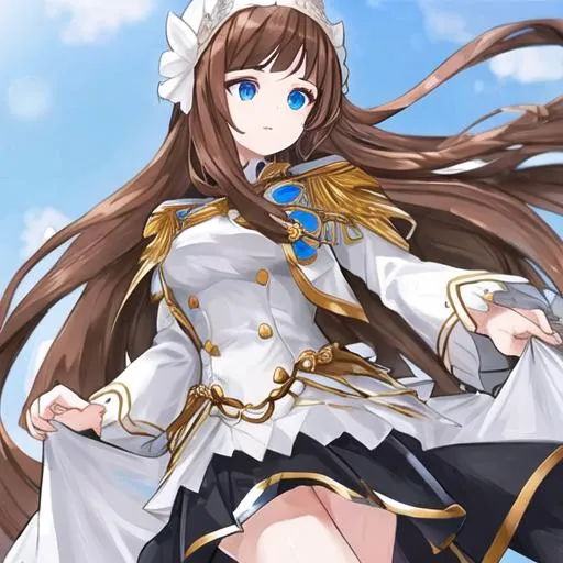 Prompt: Queen of the ocean, brown hair, blue eyes, white, black and gold admiral clothing, skirt
