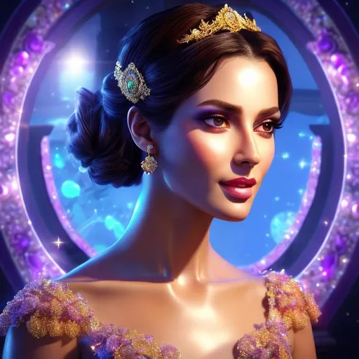 Prompt: HD 4k 3D 8k professional modeling photo hyper realistic beautiful woman ethereal greek goddess of prosperity
purple hair brown eyes gorgeous face tan skin shimmering dress jewelry tiara full body surrounded by magical glowing light hd landscape background garden table filled with coins drink and food