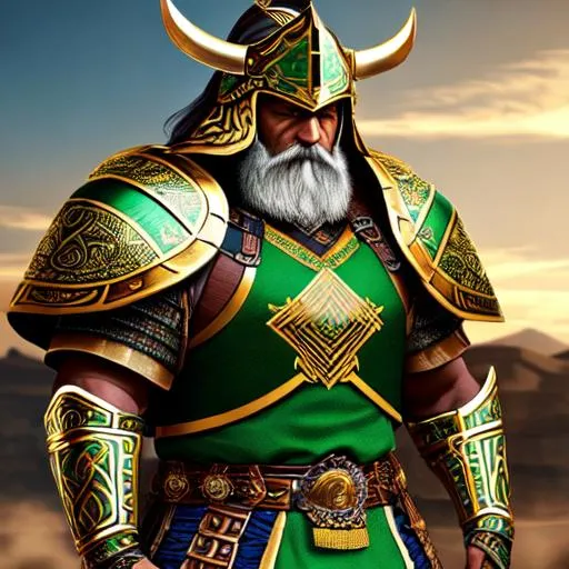Prompt: A turtle warrior wearing Green and white ancient viking/persian armor with gold embroidery