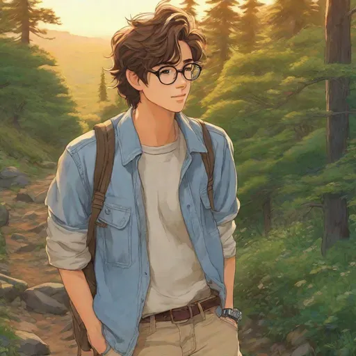 Prompt: Third person, gameplay, high quality, feminine man, wavy brown hair, brown eyes, glasses, glasses, nice shirt with cuffed jeans and converse sneakers, cool atmosphere, hiking on a scenic trail, cool atmosphere, anime style, manga style, Studio Ghibli, extremely detailed print by Hayao Miyazaki, 