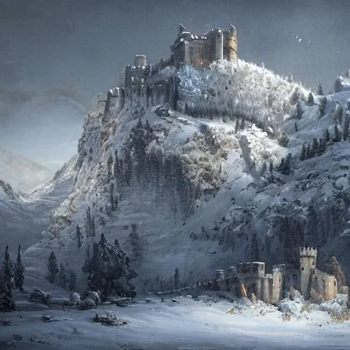 Prompt: medieval fortress on snowy mountain by eugene von guerard, ivan shishkin, dramatic lighting, concept art, trending on artstation, 8 k