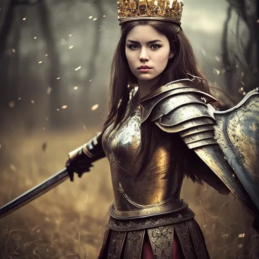 Prompt: create a photograph of beautiful fictional female with crown fighting in war