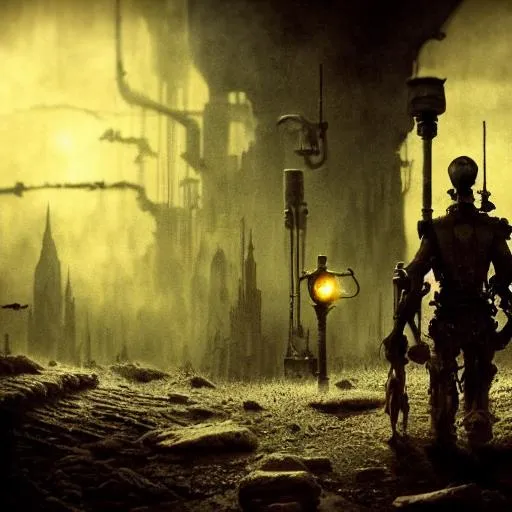 Prompt: Stunning Movie scene. Technicolor. Dystopian wasteland or Midnight melancholy. ink wash, depth of field, scifi, backlighting, chiaroscuro, intricate details, fairytale art. steampunk depth of field, scifi, backlighting, chiaroscuro, photo realistic and intricate details, Pixar and Dreamworks studio 