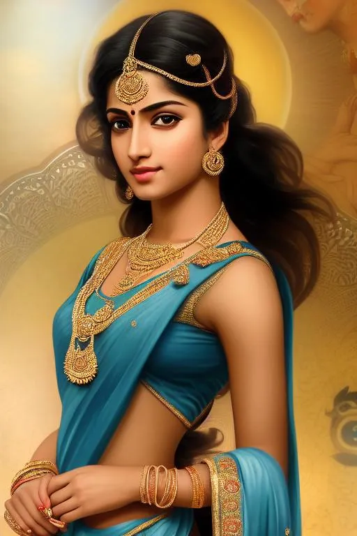 Prompt: Goddess,beautiful face, open eyes, full body with indian muscular woman with  wearing saree with muscular thick thighs ,dark hair, like goddes,sitting on throne. digital painting, with bindi, pale skin, full body view with belly,beautiful golden eyes , painted by artgerm, Alphonse Mucha, Akihiko yoshida, sakimichan, krenz cushart, artstation, highly detailed, 4k
