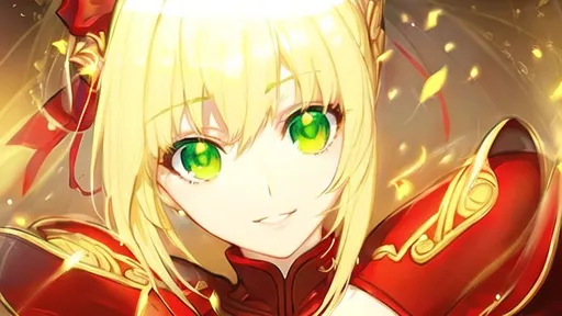 Prompt: Closeup face portrait of Nero Claudius from Fate/Extra, blondie hair, green eyes, red suit, smile,  smooth soft skin, big dreamy eyes, beautiful intricate colored hair, symmetrical, anime wide eyes, soft lighting, detailed face, by makoto shinkai, stanley artgerm lau, wlop, rossdraws, concept art, digital painting, looking into camera