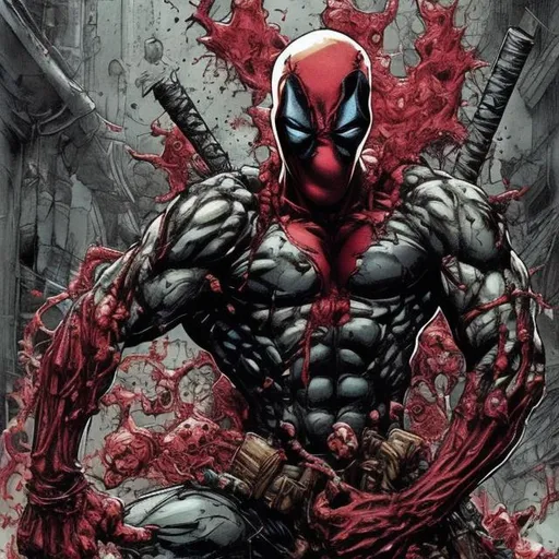 Prompt: Todd McFarlane Spawn Deadpool variant. muscular. dark gritty. Bloody. Hurt. Damaged. Accurate. realistic. evil eyes. Slow exposure. Detailed. Dirty. Dark and gritty. Post-apocalyptic. Shadows. Sinister. Intense. 