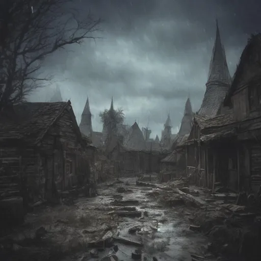 Prompt: dark creepy medieval fantasy town, landscape, rain, mud, wooden houses, dead trees