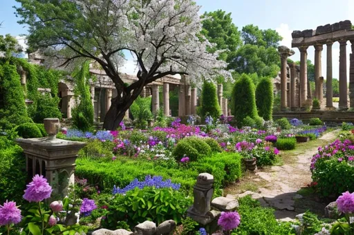 Prompt: A forgotten garden in the middle of ancient ruins, old trees, blooming alien flowers, style raw, realistic