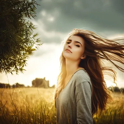 Prompt: Nature, windy, morning, grass, trees, green, greyish cloudy, relaxed girl.