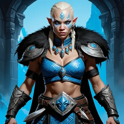 Prompt: dungeons and dragons female goliath warrior, albino skin, cultural tattoos, standing, in black fur with blue trim