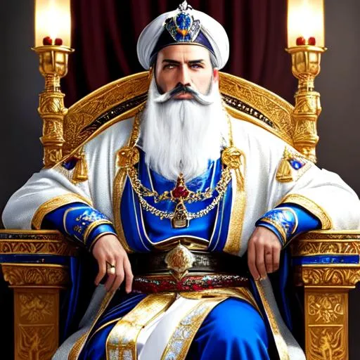 Prompt: A human king wearing white and blue and red medieval Anglo Saxon/ancient Arabian king's garments. short black hair, blue eyes, long black beard, long bushy mustache. Sitting on a silver throne decked with sapphires and rubies and diamonds.