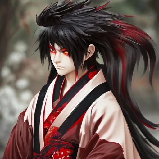 Prompt: Kitsune male, black hair with red highlights, wearing a kimono, realistic humanoid. 