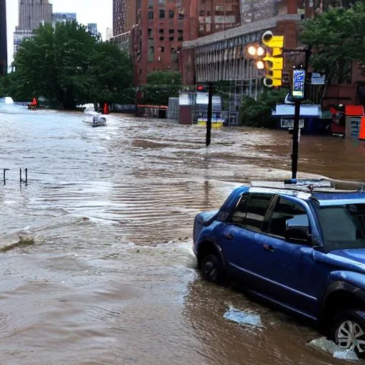 Prompt: Flash Flood, New York City, Nasty Water, Bright Flashes, Torn Apart Hope