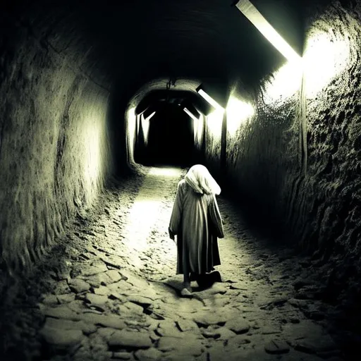 Prompt: Old woman entering into the dark tunnel from light to dark