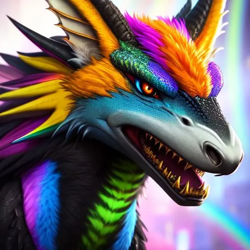 Prompt: Portrait of an anthro wyvern with striking rainbow fur and iridescent black markings and a cute face, liminal space streets, perfect composition, hyperrealistic, super detailed, 8k, high quality, trending art, trending on artstation, sharp focus, studio photo, intricate details, highly detailed, by greg rutkowski